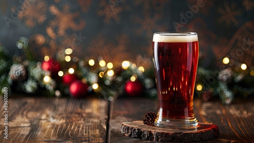 Festive Beer for Christmas Celebrations - A glass of amber beer sits on a wooden coaster surrounded by festive Christmas lights and pine branches. It represents celebration, tradition, and holiday che