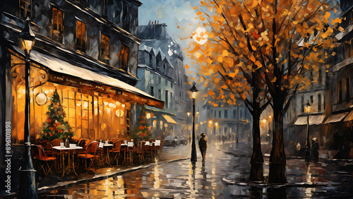 Night Time Street - Painting, Gouache, cityscape, night, street, autumn, cafe, lights, rain, tree, urban, restaurant, reflection, architecture, evening, sidewalk, cozy, outdoor, romantic photo