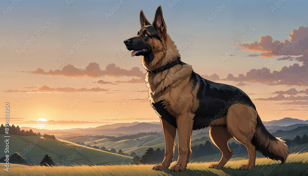 Dog in the field at sunset Dog in the field at sunset