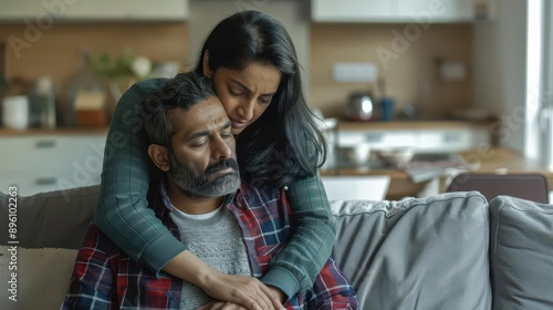 empathetic indian woman consoling upset man on living room sofa © Lucija