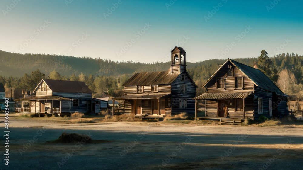 Rustic Gold Rush Settlement: A Serene Morning in the Old West Rustic Gold Rush Settlement: A Serene Morning in the Old West