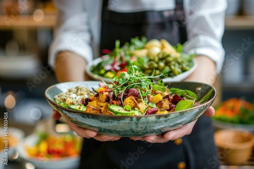 A person holding a bowl of food with a warm and inviting atmosphere