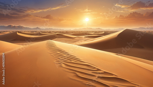 Sunset over sand dunes in Sahara desert photo