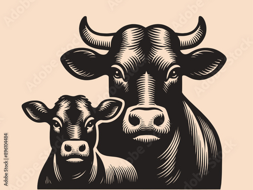 Cow and calf. Face, head. Emblem, vintage engraving vector illustration. Monochrome, black and white.
