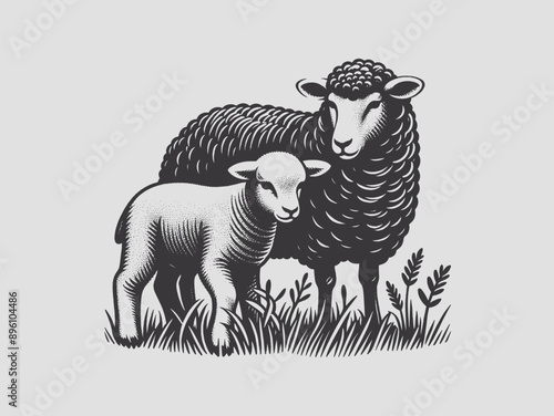 Sheep and lamb.  Vintage retro engraving illustration. Black icon, isolated elemen. print
