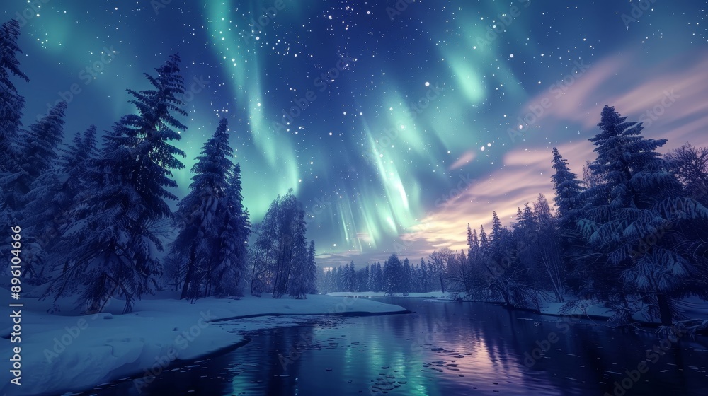 Fototapeta premium Stunning northern lights illuminate a winter landscape, reflecting beautifully on a tranquil river surrounded by snow-covered trees.
