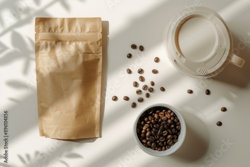 A cup of freshly brewed coffee sitting next to a bag of coffee beans