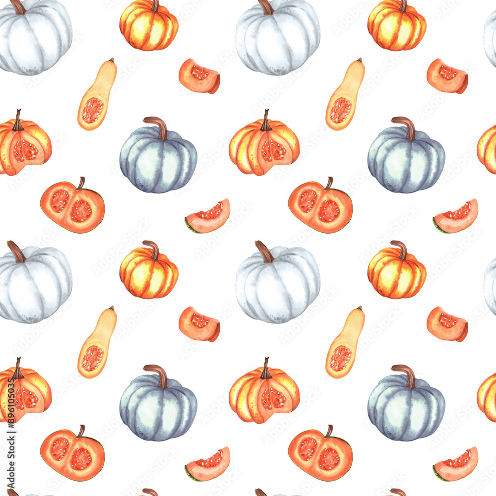 Seamless pattern with white, orange pumpkins, butternut squash and slices. Fall pattern for textile, wrapping paper, curtain, tablecloth. Hand-drawn watercolor illustrations. Seamless pattern with white, orange pumpkins, butternut squash and slices. Fall pattern for textile, wrapping paper, curtain, tablecloth. Hand-drawn watercolor illustrations.