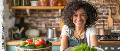  smiling woman sitting at a kitchen table with healthy food