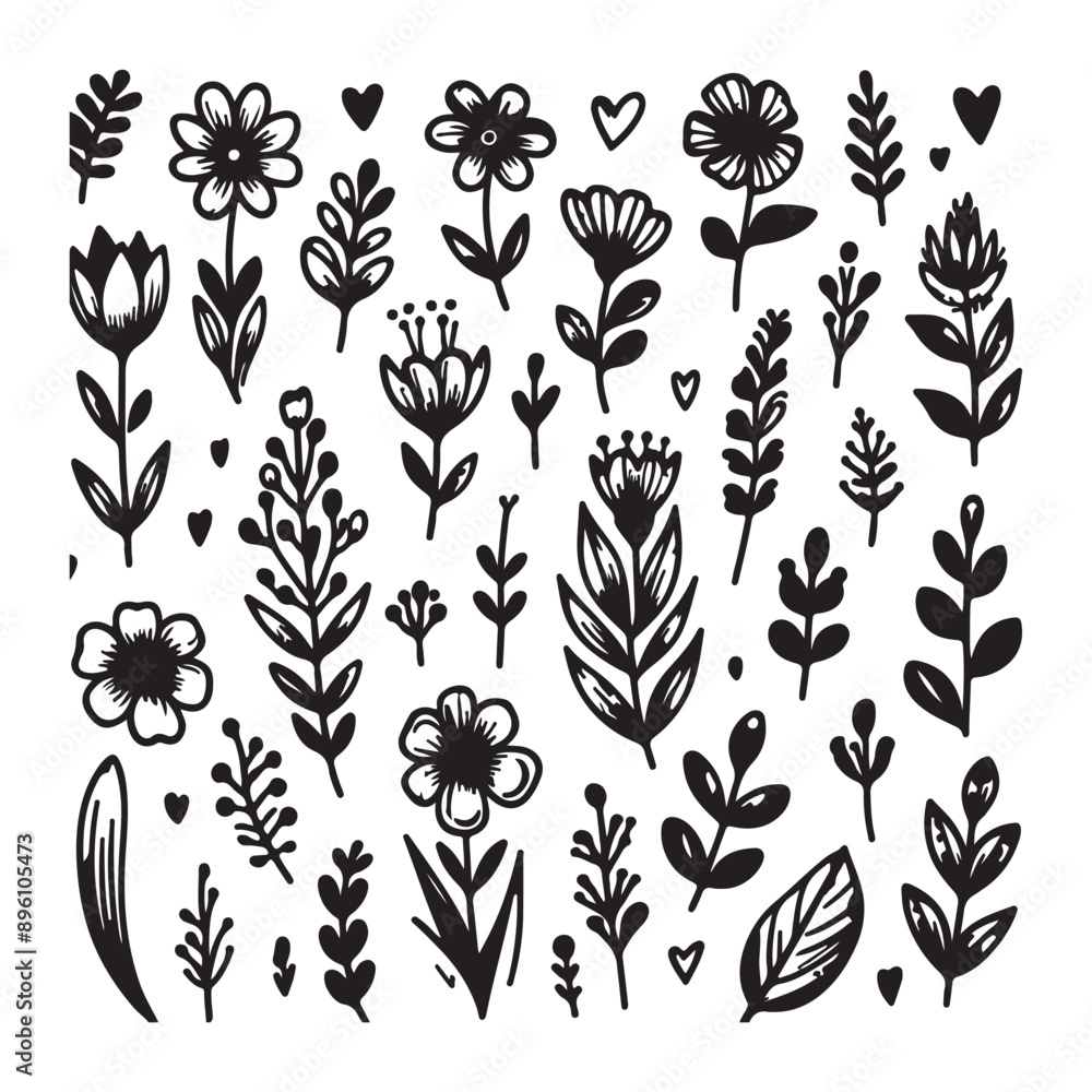 Hand drawn flower doodles. Hand drawn sketch of spring flower plant. Vector simple flower with white background Hand drawn flower doodles. Hand drawn sketch of spring flower plant. Vector simple flower with white background