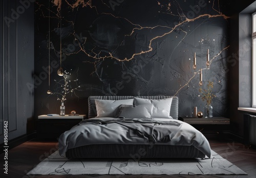 Luxury bedroom interior with black walls, wooden floor, comfortable king size bed with gray linen and gold decor. photo