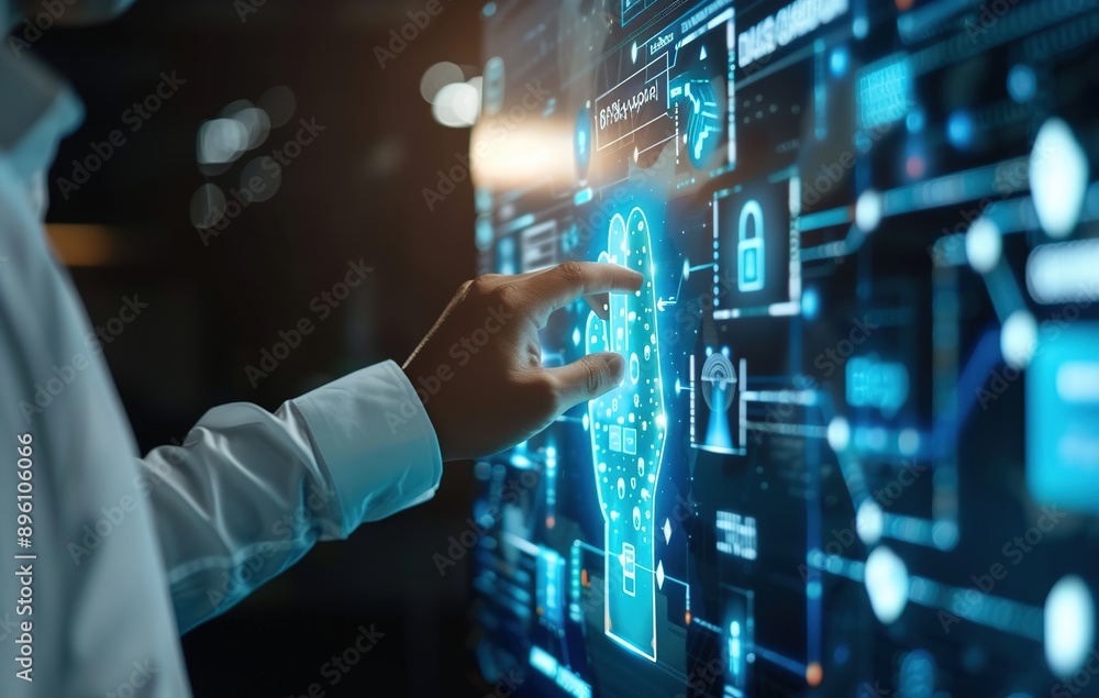 Businessman Interacting with Futuristic AI Interface Using Smartphone for Research and Data Analysis in Business and Technology Context Businessman Interacting with Futuristic AI Interface Using Smartphone for Research and Data Analysis in Business and Technology Context