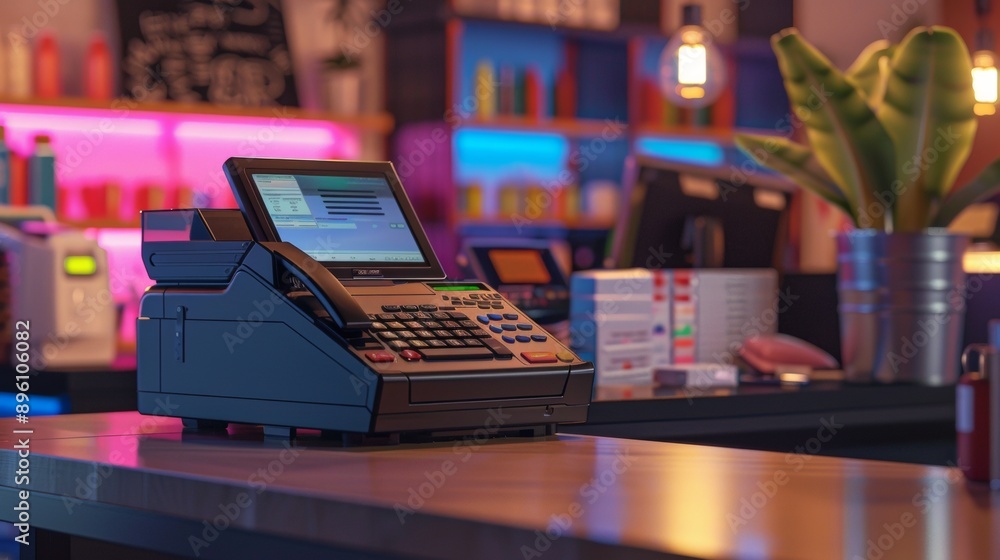 Up-to-date cash register or ordering machine with screen on a table or bar in a store Up-to-date cash register or ordering machine with screen on a table or bar in a store
