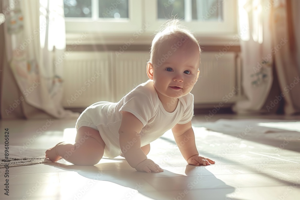 Curious baby in white bodysuit crawling at home, learning to move safely on warm floor Curious baby in white bodysuit crawling at home, learning to move safely on warm floor