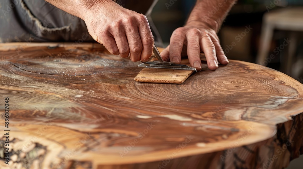 Close-up of a carpenter sanding a wooden table top. Close-up of a carpenter sanding a wooden table top.