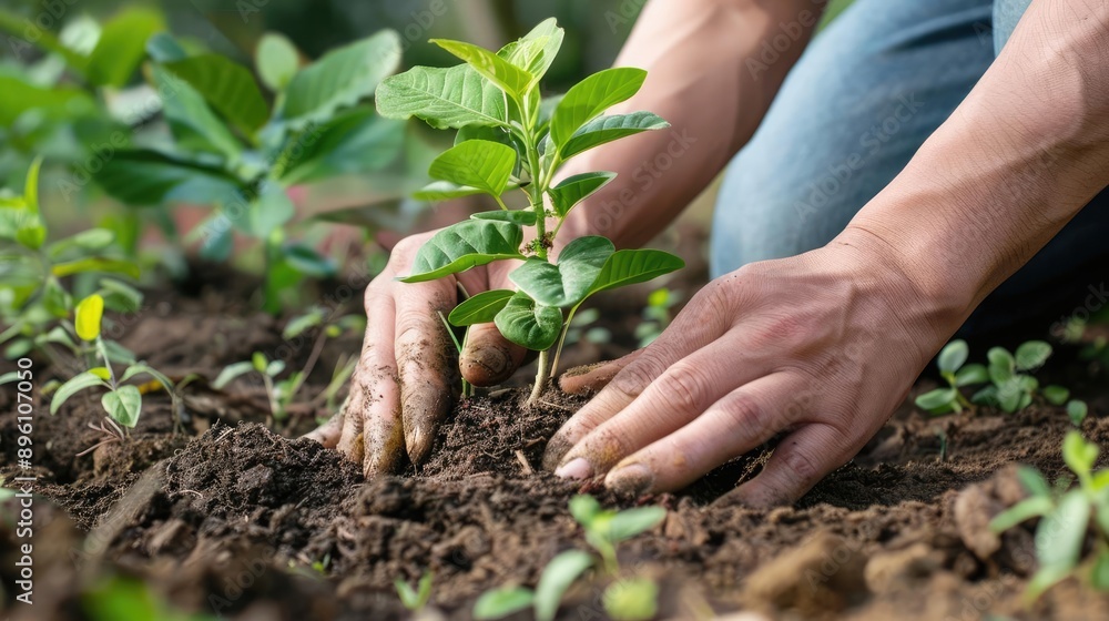 Fototapeta premium Close-up of hands planting a small tree seedling in a garden.