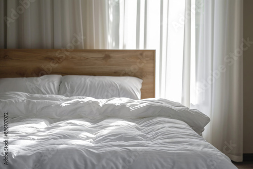 Wallpaper Mural Modern Nordic Scandinavian interior design. Cozy bedroom with white blanket and pillows on bed with wooden headboard and white curtains on window Torontodigital.ca