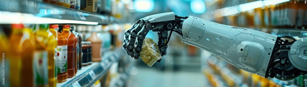 A robotic arm selecting a product in a modern grocery store aisle, showcasing the integration of technology in shopping. A robotic arm selecting a product in a modern grocery store aisle, showcasing the integration of technology in shopping.