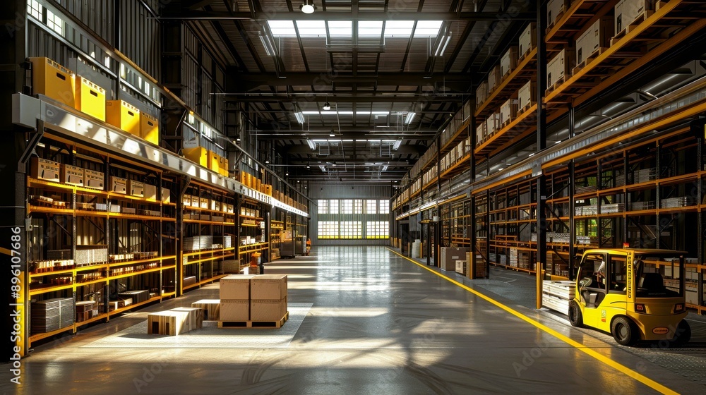 A spacious warehouse filled with organized shelves, boxes, and a forklift ready for efficient logistics and storage operations. A spacious warehouse filled with organized shelves, boxes, and a forklift ready for efficient logistics and storage operations.