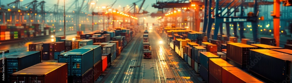 Aerial view of a busy shipping port during twilight, showcasing stacked containers and machinery in vibrant lighting. Aerial view of a busy shipping port during twilight, showcasing stacked containers and machinery in vibrant lighting.