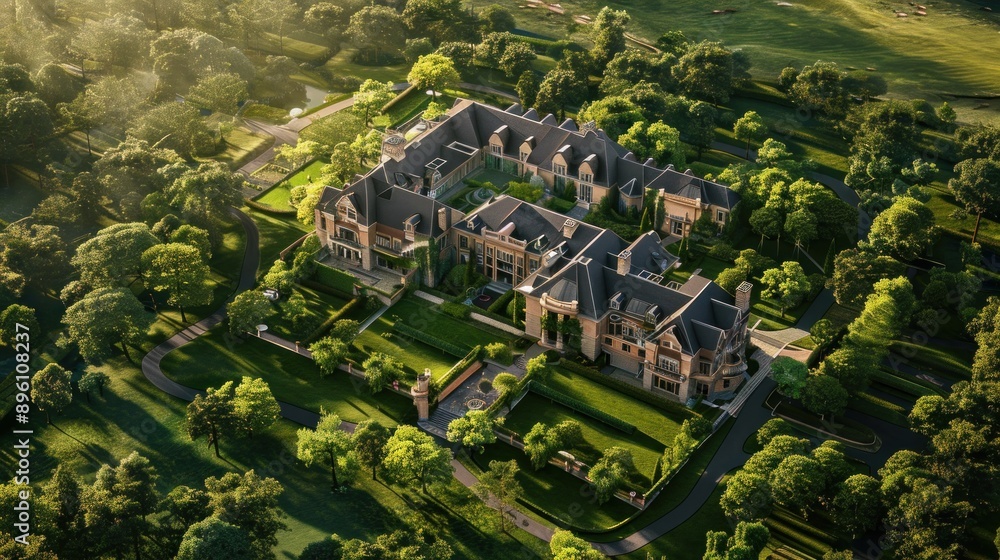 Fototapeta premium A sprawling mansion nestled amidst a lush green estate, its architecture a harmonious blend of classic and modern styles.