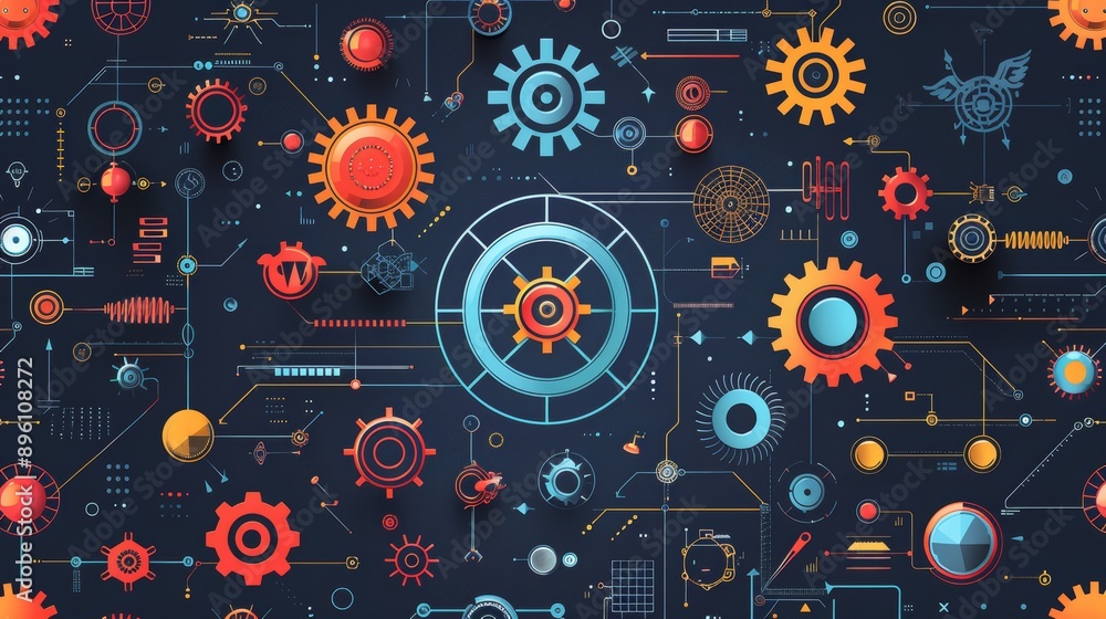 Abstract seamless pattern with gears, lines and geometric shapes on dark blue background. Abstract seamless pattern with gears, lines and geometric shapes on dark blue background.