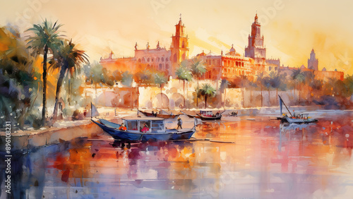 Seville - Painting, Gouache, watercolor, painting, cityscape, boats, river, sunset, reflections, architecture, trees, historic, skyline, harbor, art, landscape, palm trees