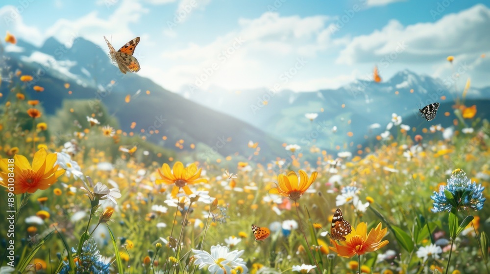 A sun-drenched mountain meadow bursting with wildflowers, attracting a variety of butterflies and other insects A sun-drenched mountain meadow bursting with wildflowers, attracting a variety of butterflies and other insects