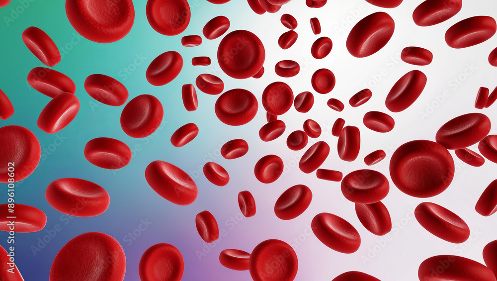 A digital illustration of red blood cells flowing in a vein, against a gradient background of blue, green, and purple A digital illustration of red blood cells flowing in a vein, against a gradient background of blue, green, and purple