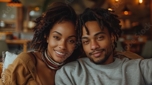 A couple smiling warmly at the camera while seated in a cozy cafe, surrounded by warm lighting and comfortable settings, exuding happiness and tender companionship.