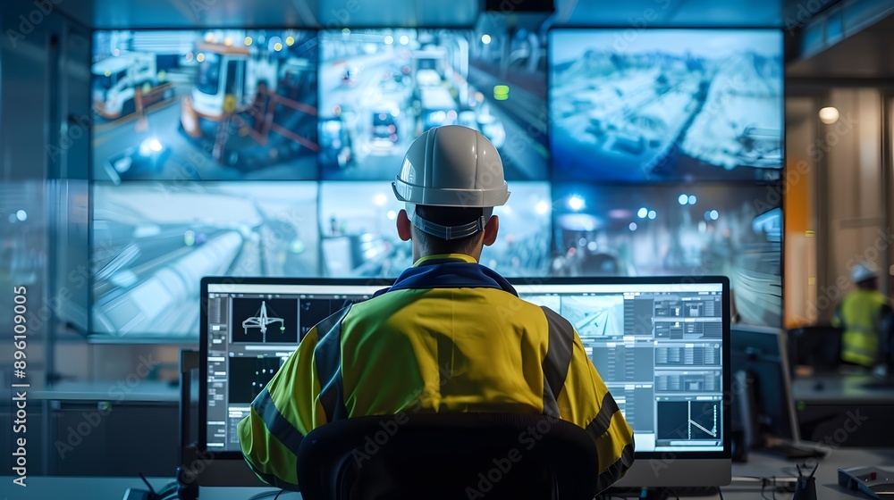 A man in a yellow vest stands in front of a large monitor with many screens. He is wearing a hard hat and he is looking at the screens. Concept of focus and concentration A man in a yellow vest stands in front of a large monitor with many screens. He is wearing a hard hat and he is looking at the screens. Concept of focus and concentration
