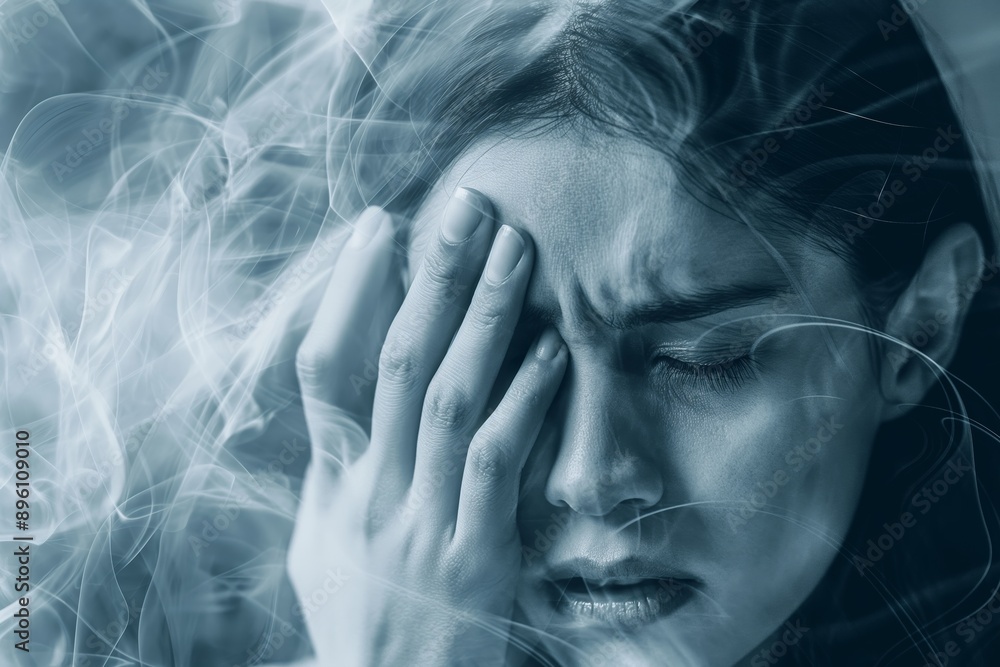 A distressed woman holds her face, surrounded by surreal, smoky elements, depicting intense emotional conflict. A distressed woman holds her face, surrounded by surreal, smoky elements, depicting intense emotional conflict.