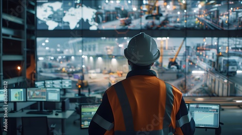 A man in a yellow vest stands in front of a large monitor with many screens. He is wearing a hard hat and he is looking at the screens. Concept of focus and concentration