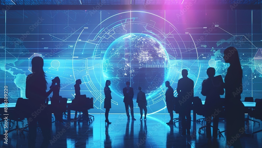 Futuristic Office with Holographic Graphs and Global Network of Business People Collaborating on Digital Projects, Blue Corporate Atmosphere, Cityscape View, and Cultural Symbols