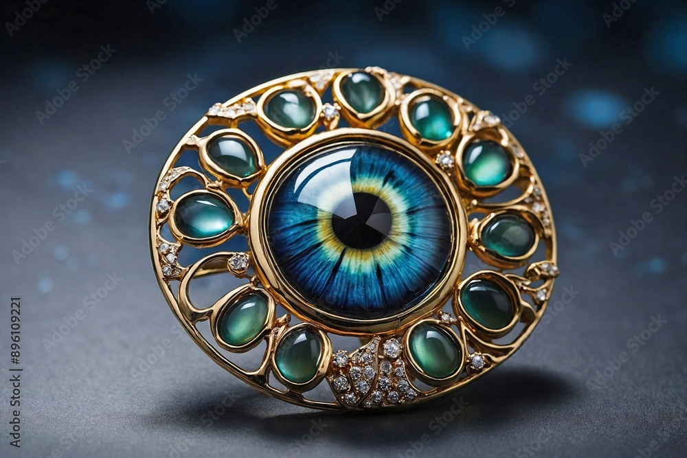 Cat's Eye Brooch: A detailed shot of a cat's eye brooch placed on a clean, smooth surface. Cat's Eye Brooch: A detailed shot of a cat's eye brooch placed on a clean, smooth surface.