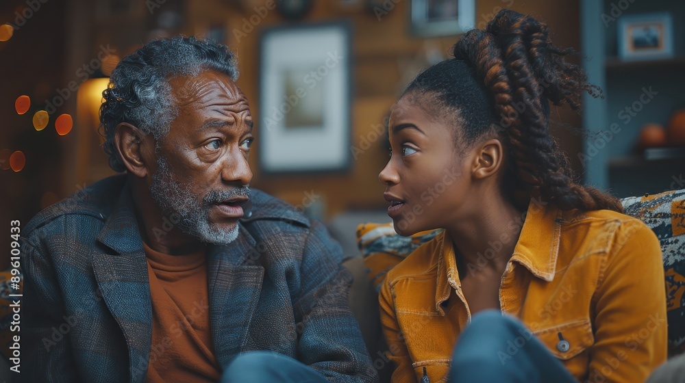 A serious discussion taking place indoors between father and daughter, both sitting close on a couch, captured in a warm, softly lit setting with attentive expressions. A serious discussion taking place indoors between father and daughter, both sitting close on a couch, captured in a warm, softly lit setting with attentive expressions.