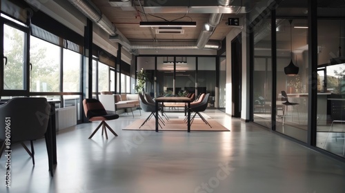 A modern office space with a mix of industrial and Scandinavian design.