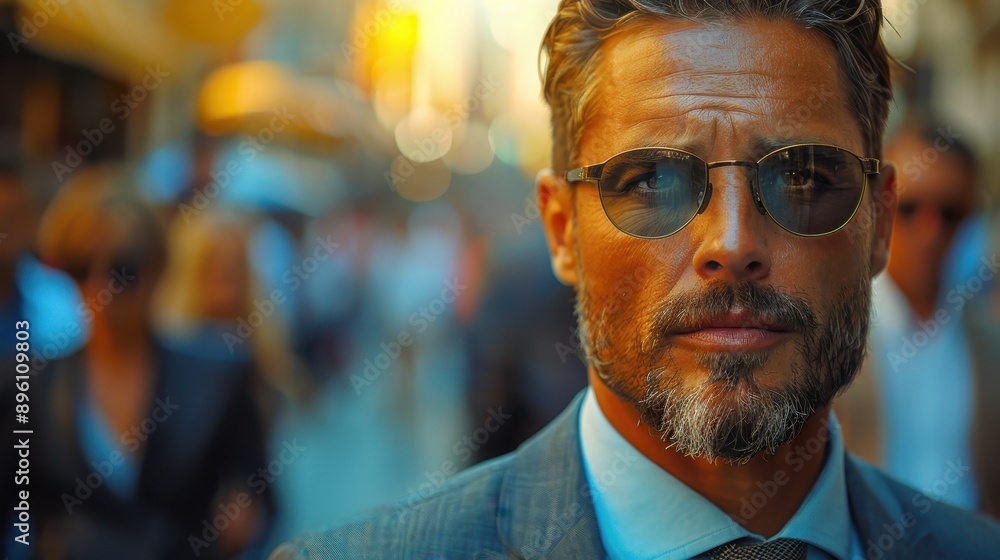 A focused man dressed in a dapper suit and stylish sunglasses navigates a busy, sunlit street filled with bustling people. His expression denotes confidence and sophistication. A focused man dressed in a dapper suit and stylish sunglasses navigates a busy, sunlit street filled with bustling people. His expression denotes confidence and sophistication.