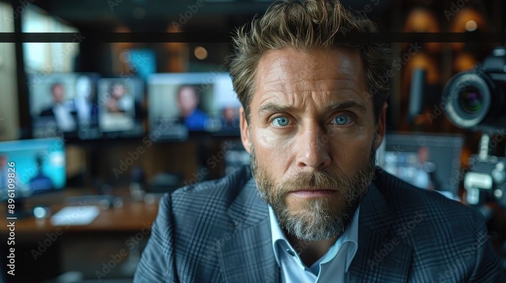 A man in a suit sits in an office with multiple screens behind him, focusing intently on his work. The image reflects a modern, high-tech work environment. A man in a suit sits in an office with multiple screens behind him, focusing intently on his work. The image reflects a modern, high-tech work environment.