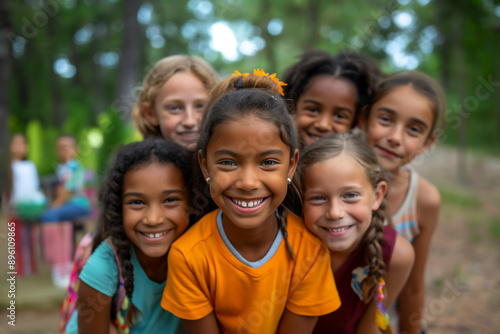 Diverse group of girls smiling and embracing, Summer camp or vacation bible school, copy space
