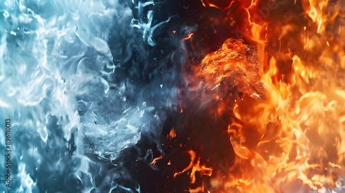 The abstract elements of fire and ice contrasted with (opposed to) one another. Concept of Heat and Cold