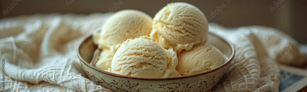 Bowl of ice cream sitting on a table with a white cloth, Food background Bowl of ice cream sitting on a table with a white cloth, Food background
