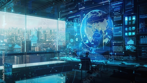 Futuristic Office with Holographic Graphs and Global Network of Business People Collaborating on Digital Projects, Blue Corporate Atmosphere, Cityscape View, and Cultural Symbols