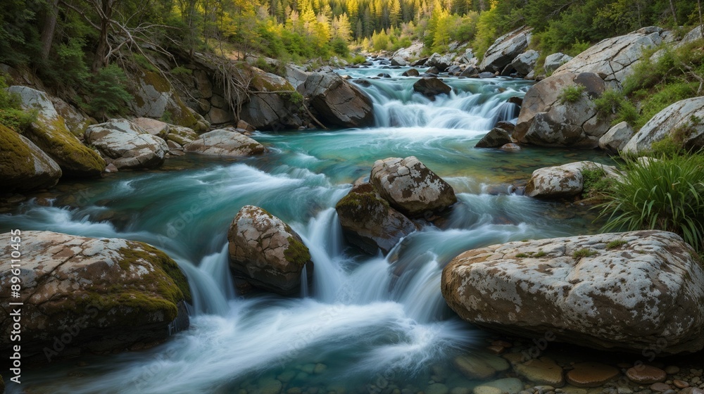 Majestic Mountain Stream with Cascading Waterfalls and Boulders Majestic Mountain Stream with Cascading Waterfalls and Boulders