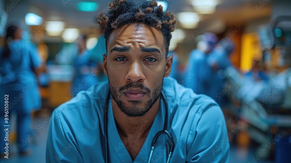 A male nurse wearing blue scrubs looks seriously into the camera, positioned in a busy hospital setting, highlighting the dedication and focus required in this profession. A male nurse wearing blue scrubs looks seriously into the camera, positioned in a busy hospital setting, highlighting the dedication and focus required in this profession.