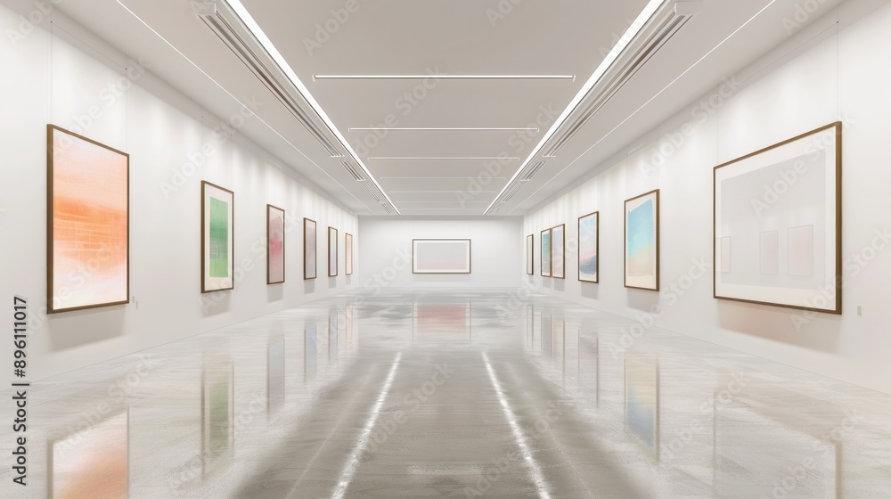 Obraz premium An ultra-modern art gallery showcasing cutting-edge contemporary art, its stark white walls providing a neutral backdrop for the vibrant artworks.