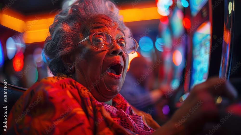 Obraz premium An elderly woman engages with a slot machine in a colorful casino setting, symbolizing leisure, excitement, and the thrill of gambling amidst the bright lights and energetic atmosphere.