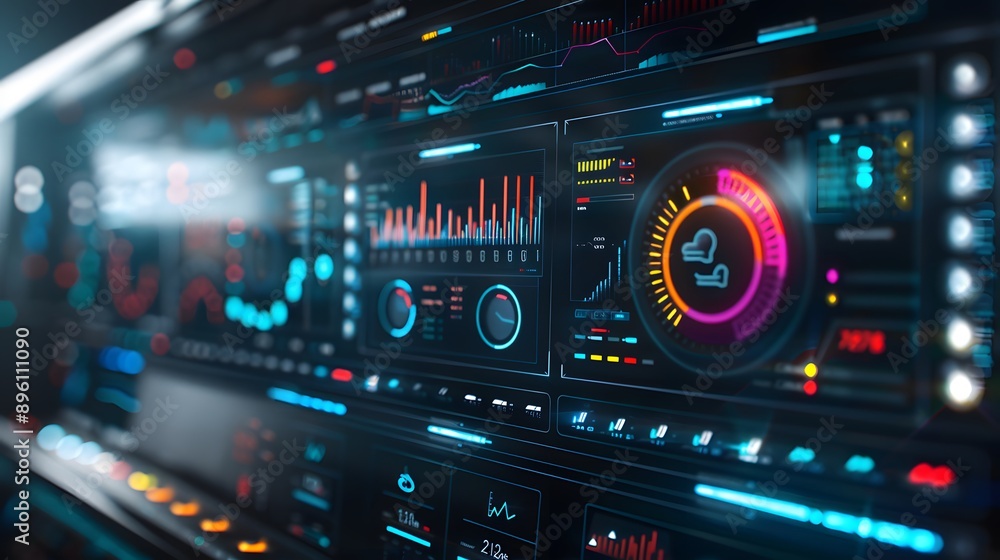 A computer monitor displays a number of graphs and charts, including one that shows the time. Scene is one of focus and concentration A computer monitor displays a number of graphs and charts, including one that shows the time. Scene is one of focus and concentration