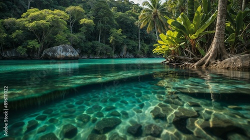 Tropical Paradise Lagoon: Crystal Clear Water, Lush Greenery, Scenic Nature, Exotic Island, Jungle Oasis