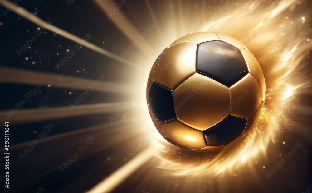 Fototapeta premium Golden soccer ball in motion on a dark background, energy fire